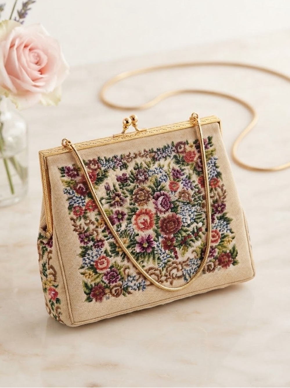 VTG Mid Century Micro Petit Point Floral Needlepoint Tapestry Evening Bag Clutch